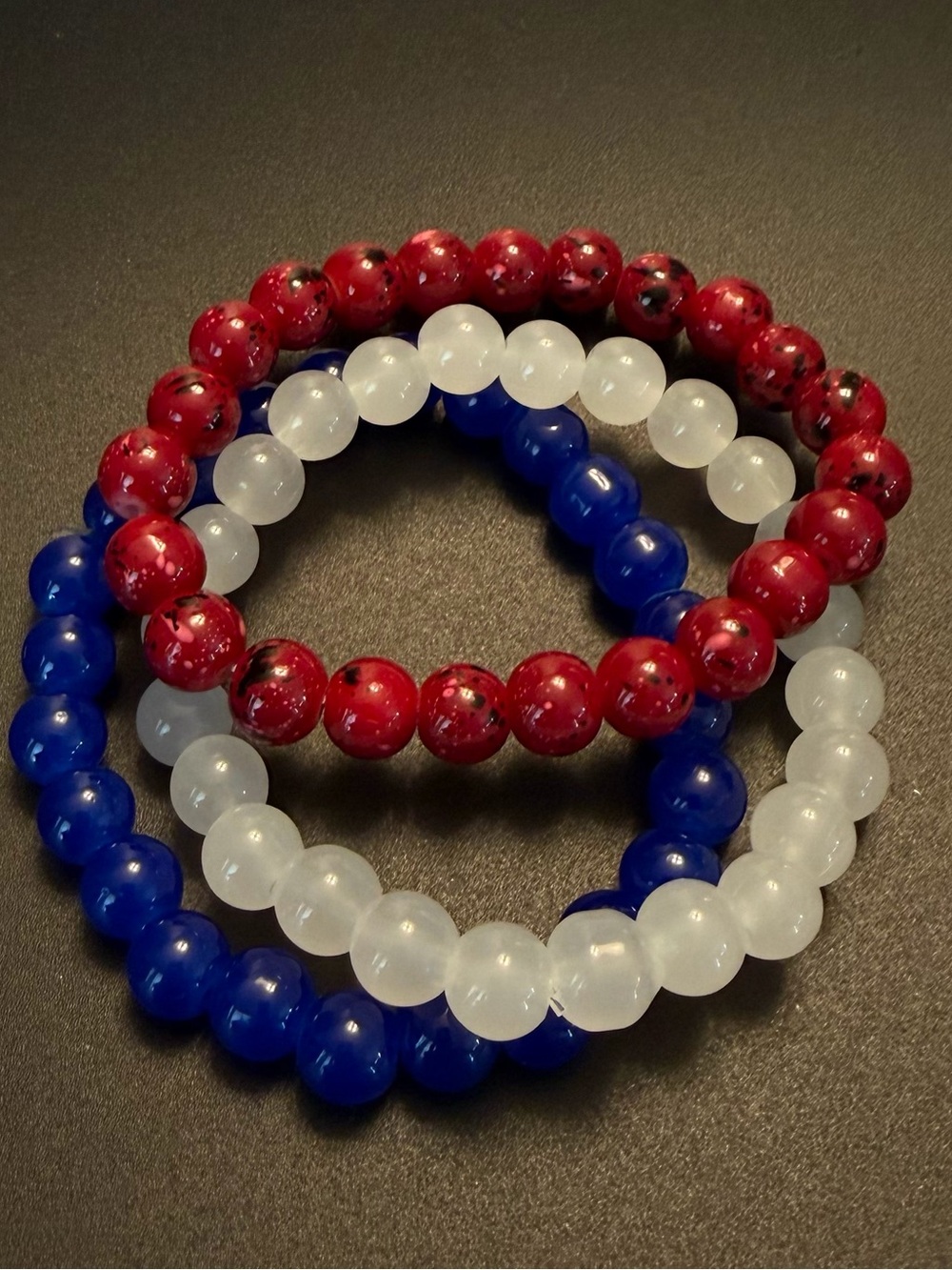 Red, White & Blue Stretch Bracelets - stackable 8mm glass beads
